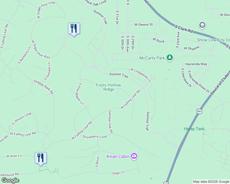 map of restaurants, bars, coffee shops, grocery stores, and more near 1280 Thinleaf Lane in Show Low