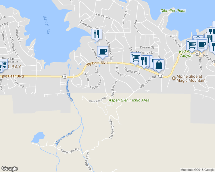 map of restaurants, bars, coffee shops, grocery stores, and more near 849 Tulip Lane in Big Bear Lake