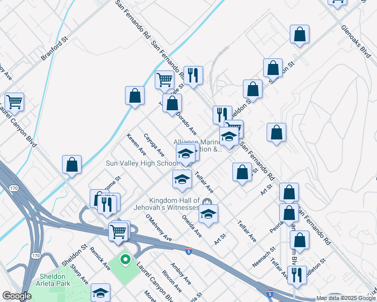 map of restaurants, bars, coffee shops, grocery stores, and more near 12095 Sheldon Street in Los Angeles