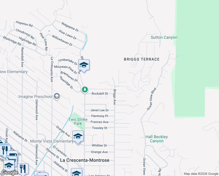 map of restaurants, bars, coffee shops, grocery stores, and more near 2415 Olive Avenue in La Crescenta-Montrose