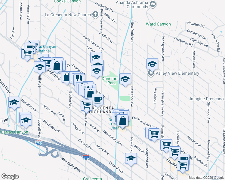map of restaurants, bars, coffee shops, grocery stores, and more near 3541 Pontiac Street in Glendale