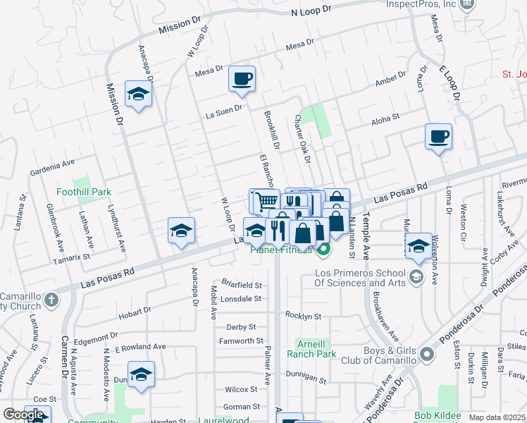 map of restaurants, bars, coffee shops, grocery stores, and more near 2270 Camilar Drive in Camarillo