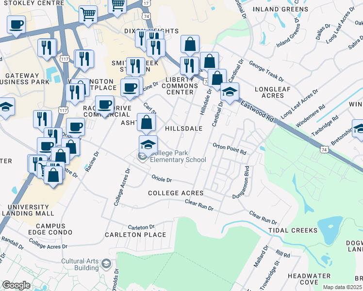 map of restaurants, bars, coffee shops, grocery stores, and more near 215 Charter Drive in Wilmington