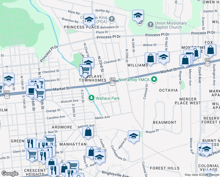 map of restaurants, bars, coffee shops, grocery stores, and more near 9 Brookwood Avenue in Wilmington