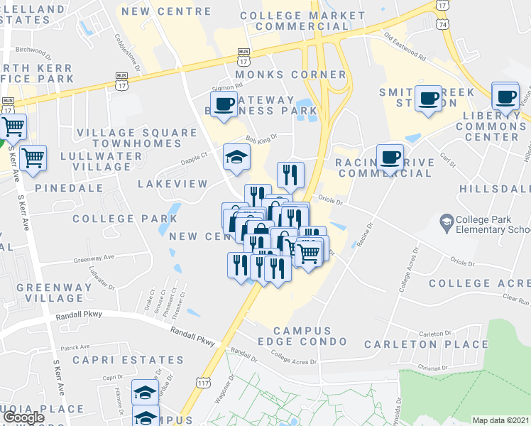 map of restaurants, bars, coffee shops, grocery stores, and more near 5184 New Centre Drive in Wilmington