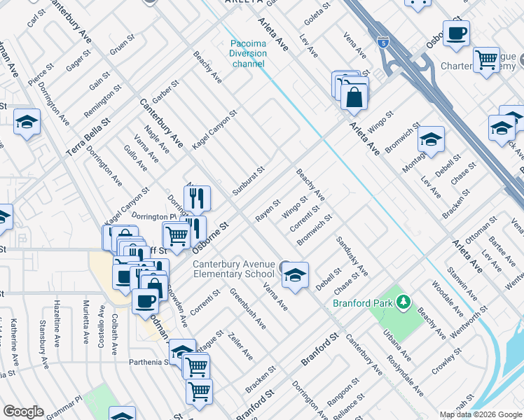 map of restaurants, bars, coffee shops, grocery stores, and more near 13663 Rayen Street in Los Angeles