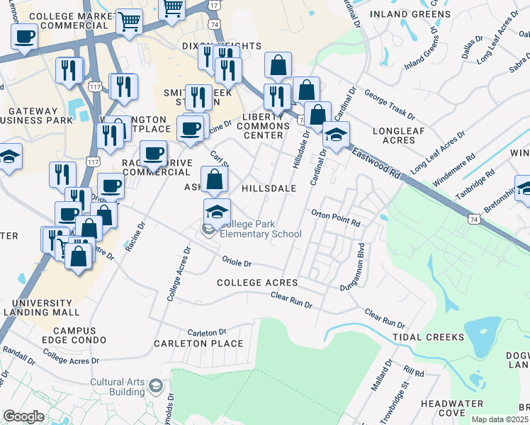 map of restaurants, bars, coffee shops, grocery stores, and more near 217 Charter Drive in Wilmington