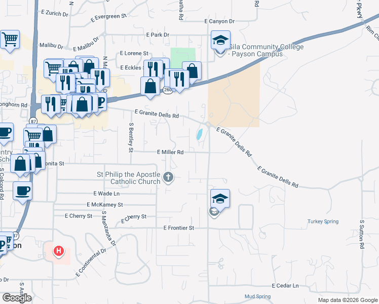 map of restaurants, bars, coffee shops, grocery stores, and more near 301 S Bassett Ln in Payson