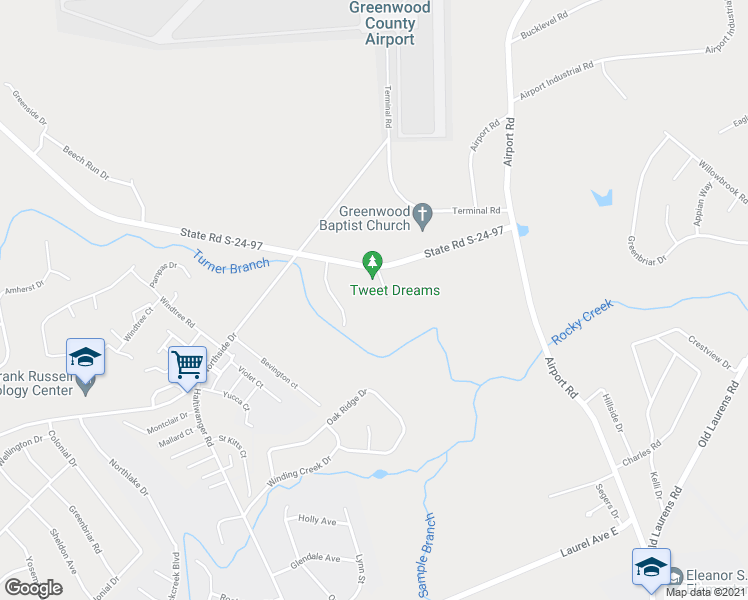 map of restaurants, bars, coffee shops, grocery stores, and more near 108 Larkspur Lane in Greenwood