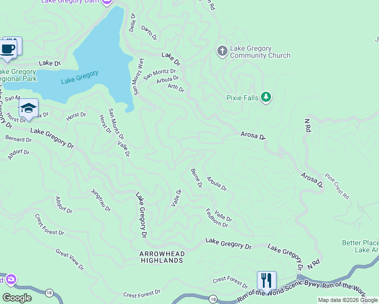 map of restaurants, bars, coffee shops, grocery stores, and more near 854 Arbula Drive in Crestline