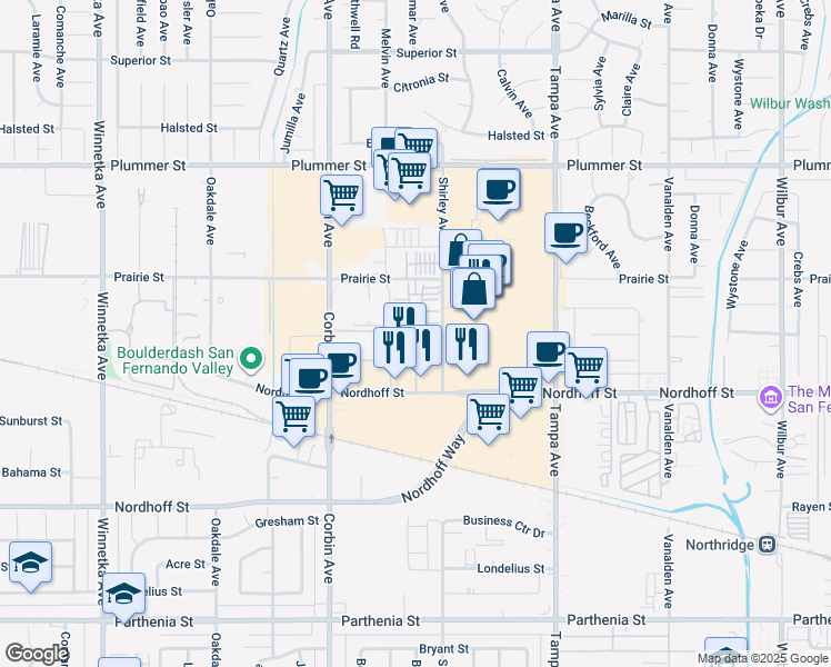 map of restaurants, bars, coffee shops, grocery stores, and more near 19513 Astor Place in Los Angeles