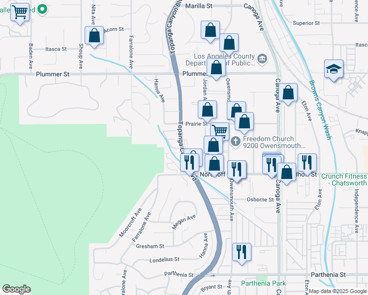 map of restaurants, bars, coffee shops, grocery stores, and more near 9225 Topanga Canyon Boulevard in Chatsworth