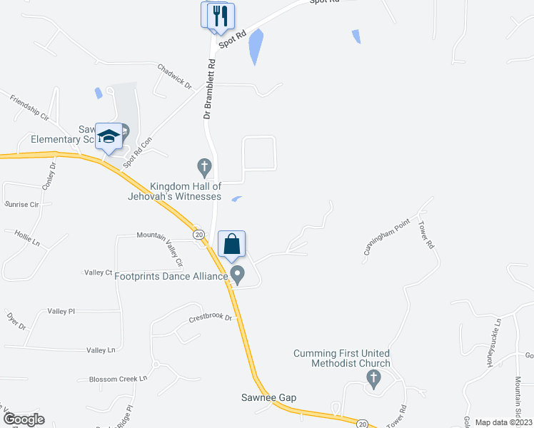 map of restaurants, bars, coffee shops, grocery stores, and more near 1370 Doctor Bramblett Road in Cumming