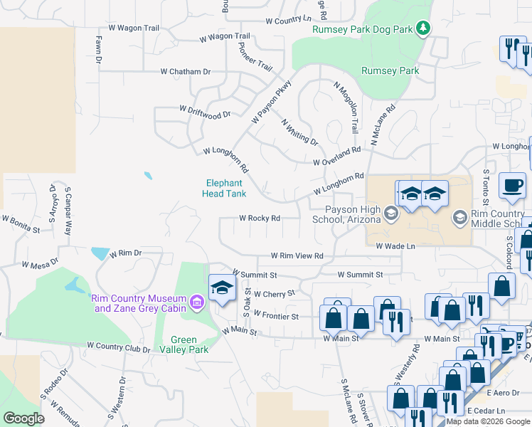 map of restaurants, bars, coffee shops, grocery stores, and more near 908 West Rocky Road in Payson