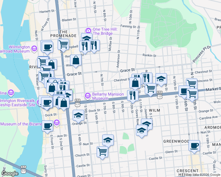 map of restaurants, bars, coffee shops, grocery stores, and more near 713 Princess Street in Wilmington