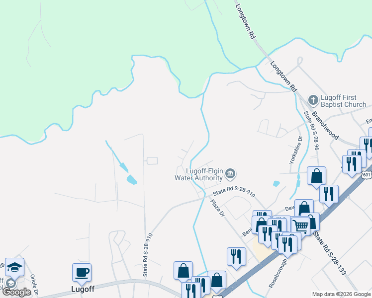 map of restaurants, bars, coffee shops, grocery stores, and more near 155 Willow Creek Boulevard in Lugoff