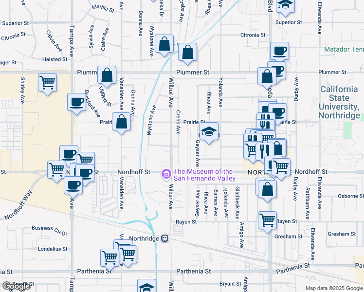 map of restaurants, bars, coffee shops, grocery stores, and more near 9200 Crebs Avenue in Los Angeles