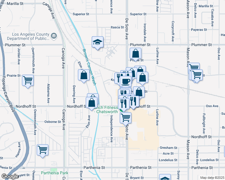 map of restaurants, bars, coffee shops, grocery stores, and more near 9152 Independence Avenue in Los Angeles