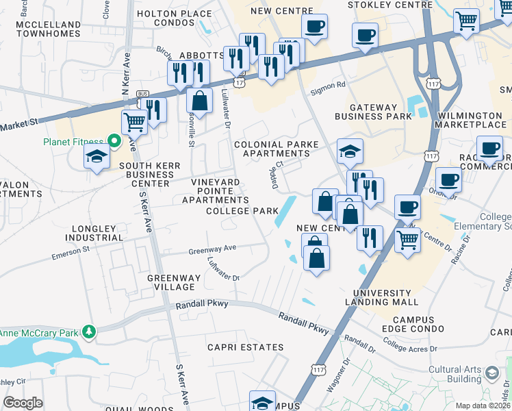 map of restaurants, bars, coffee shops, grocery stores, and more near 233 Lullwater Drive in Wilmington
