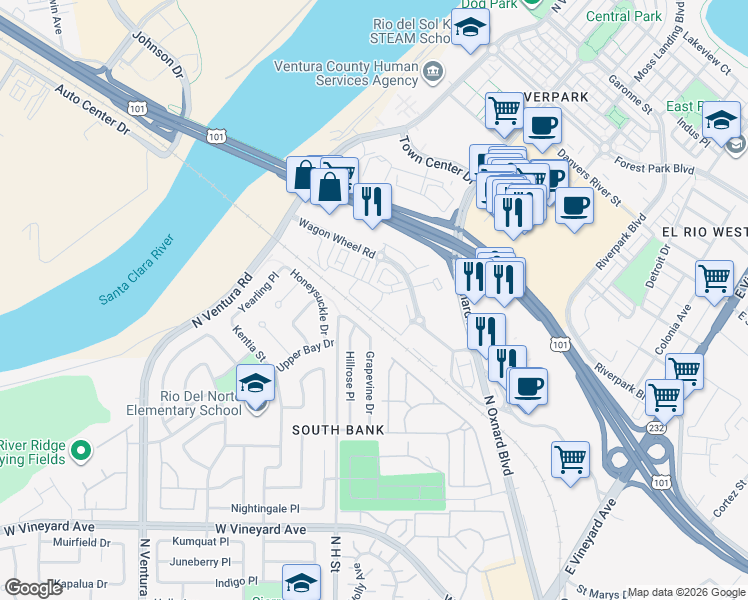map of restaurants, bars, coffee shops, grocery stores, and more near 350 Cactus Drive in Oxnard