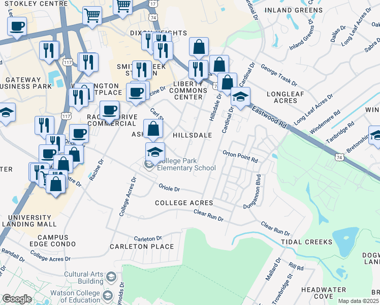 map of restaurants, bars, coffee shops, grocery stores, and more near 215 Charter Drive in Wilmington