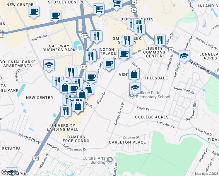 map of restaurants, bars, coffee shops, grocery stores, and more near 4915 Oriole Drive in Wilmington