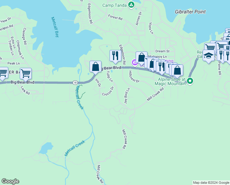 map of restaurants, bars, coffee shops, grocery stores, and more near 844 Tulip Lane in Big Bear Lake