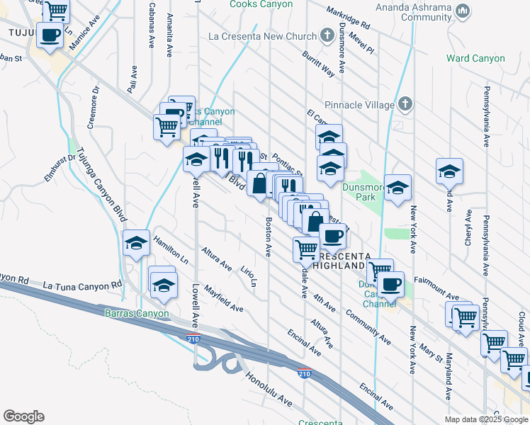 map of restaurants, bars, coffee shops, grocery stores, and more near 3750 Foothill Boulevard in Glendale