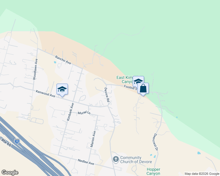 map of restaurants, bars, coffee shops, grocery stores, and more near 907 Devore Road in San Bernardino