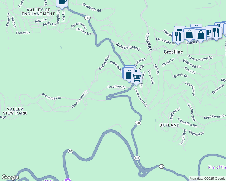 map of restaurants, bars, coffee shops, grocery stores, and more near 23343 Crestline Road in Crestline