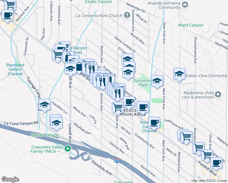 map of restaurants, bars, coffee shops, grocery stores, and more near 3708 Danny Street in Glendale