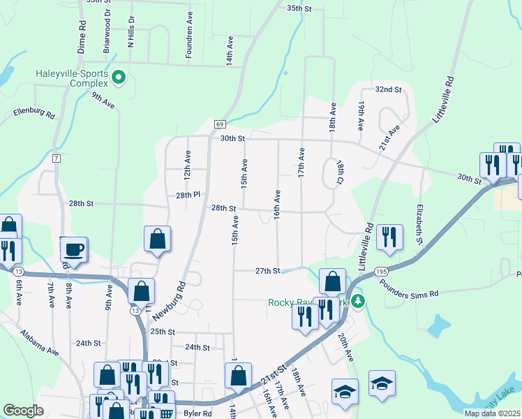 map of restaurants, bars, coffee shops, grocery stores, and more near 1502 28th Street in Haleyville