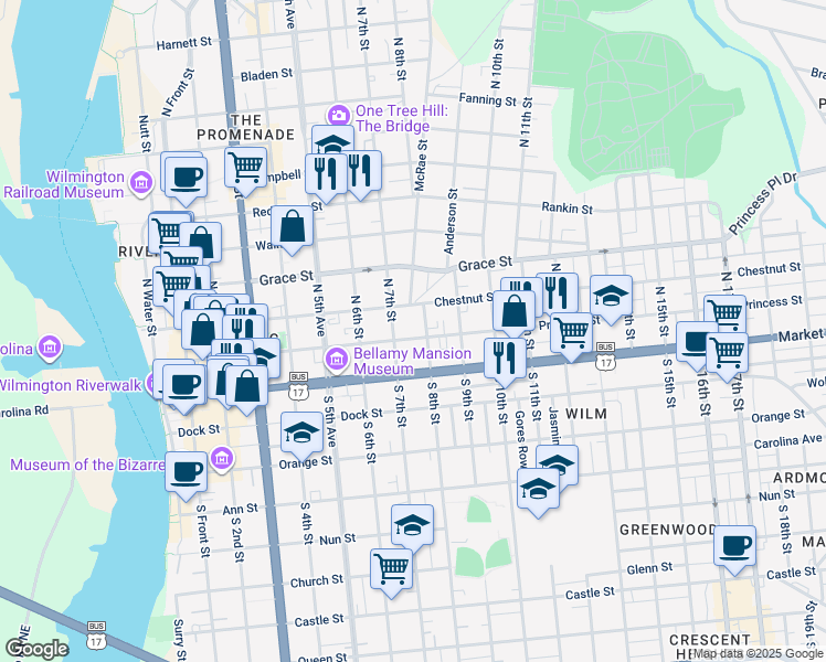 map of restaurants, bars, coffee shops, grocery stores, and more near 713 Princess Street in Wilmington