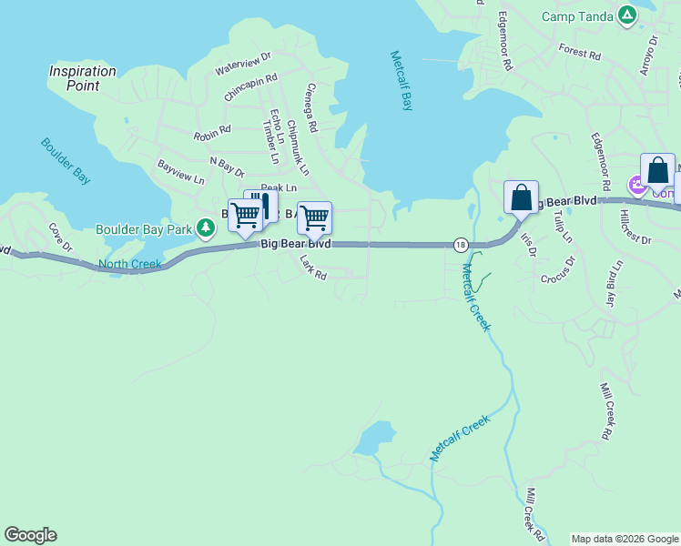 map of restaurants, bars, coffee shops, grocery stores, and more near 39383 Moab Lane in Big Bear Lake