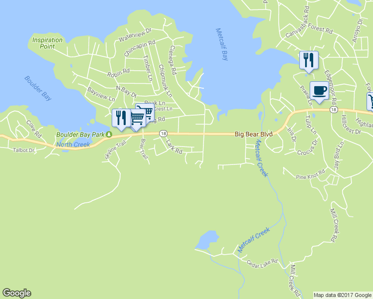 map of restaurants, bars, coffee shops, grocery stores, and more near 39375 Moab Lane in Big Bear Lake
