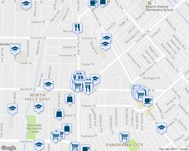 map of restaurants, bars, coffee shops, grocery stores, and more near 14445 Terra Bella St in Los Angeles