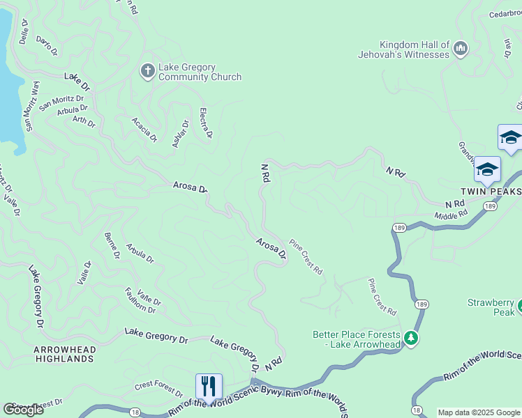 map of restaurants, bars, coffee shops, grocery stores, and more near in Lake Arrowhead