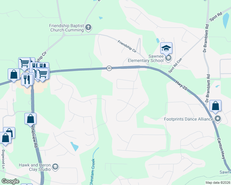 map of restaurants, bars, coffee shops, grocery stores, and more near 2050 Sunrise Circle in Cumming