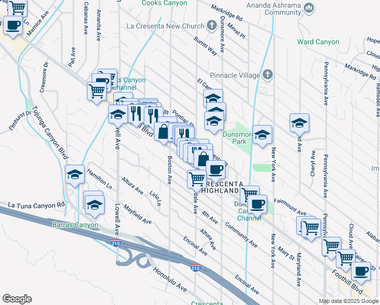 map of restaurants, bars, coffee shops, grocery stores, and more near 3708 Danny Street in Glendale