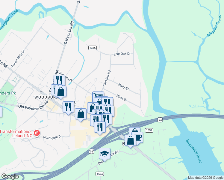 map of restaurants, bars, coffee shops, grocery stores, and more near 107 Dixie Drive in Leland