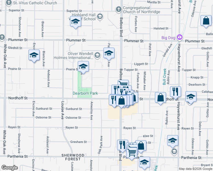 map of restaurants, bars, coffee shops, grocery stores, and more near 9151 Paso Robles Avenue in Los Angeles