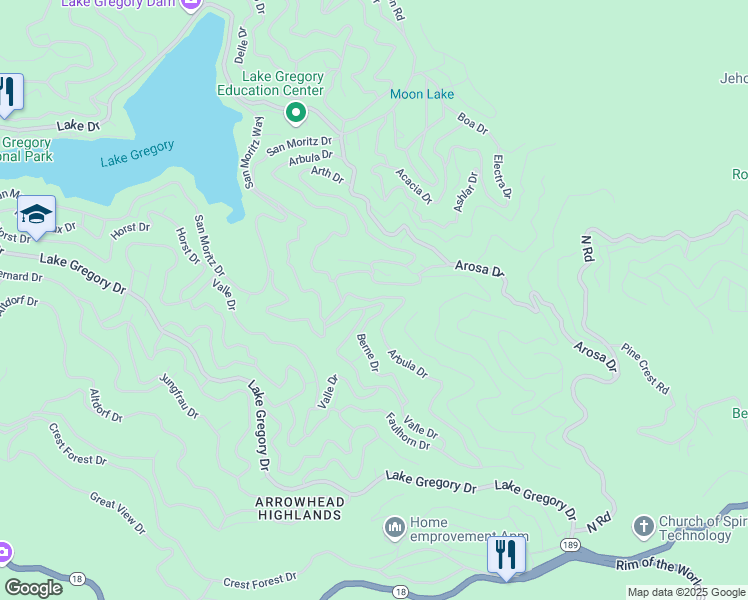 map of restaurants, bars, coffee shops, grocery stores, and more near Arbula Drive in Crestline
