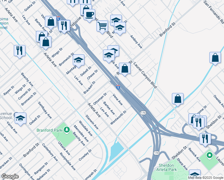 map of restaurants, bars, coffee shops, grocery stores, and more near 9228 Vena Avenue in Los Angeles