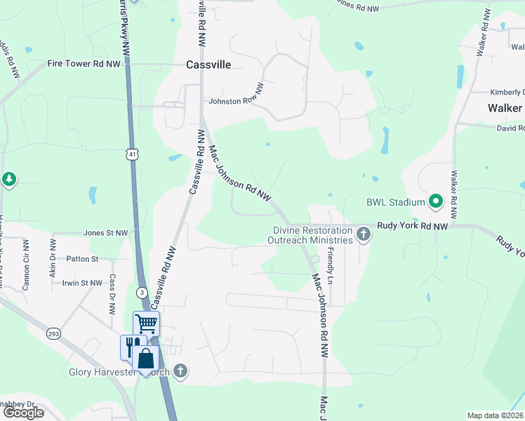 map of restaurants, bars, coffee shops, grocery stores, and more near 24 Alisha Circle Northwest in Cartersville