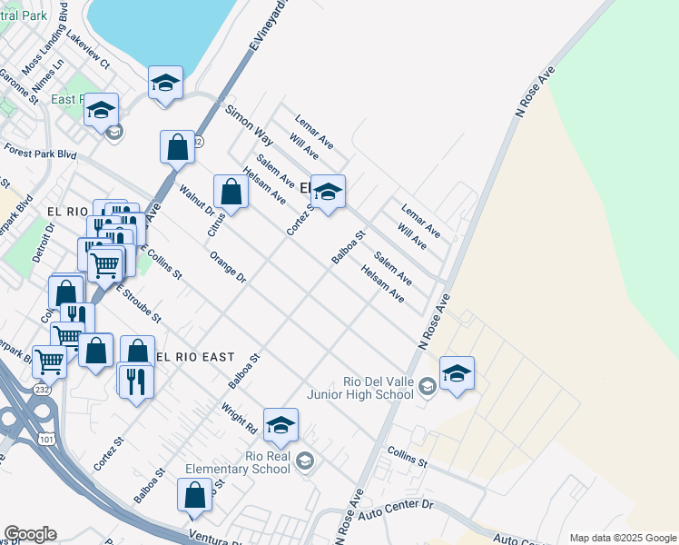 map of restaurants, bars, coffee shops, grocery stores, and more near 733 Corsicana Drive in Oxnard