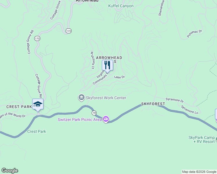 map of restaurants, bars, coffee shops, grocery stores, and more near 865 Oakmont Lane in Lake Arrowhead