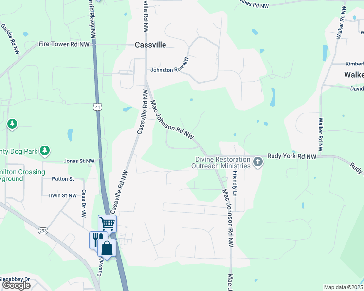 map of restaurants, bars, coffee shops, grocery stores, and more near 26 Alisha Circle Northwest in Cartersville