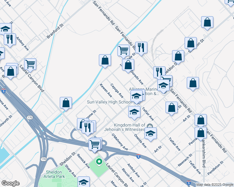map of restaurants, bars, coffee shops, grocery stores, and more near 9243 Cayuga Avenue in Los Angeles
