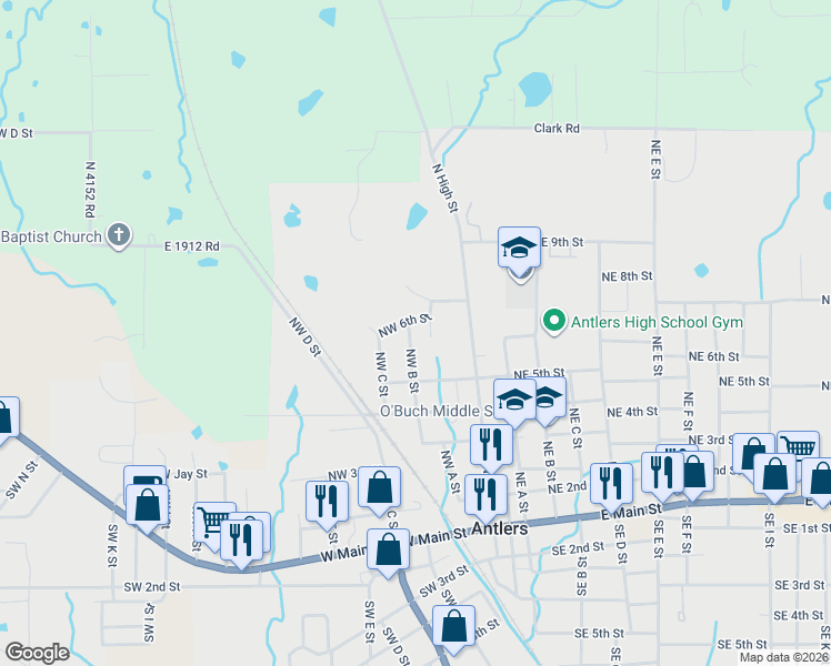 map of restaurants, bars, coffee shops, grocery stores, and more near 520 Northwest B Street in Antlers