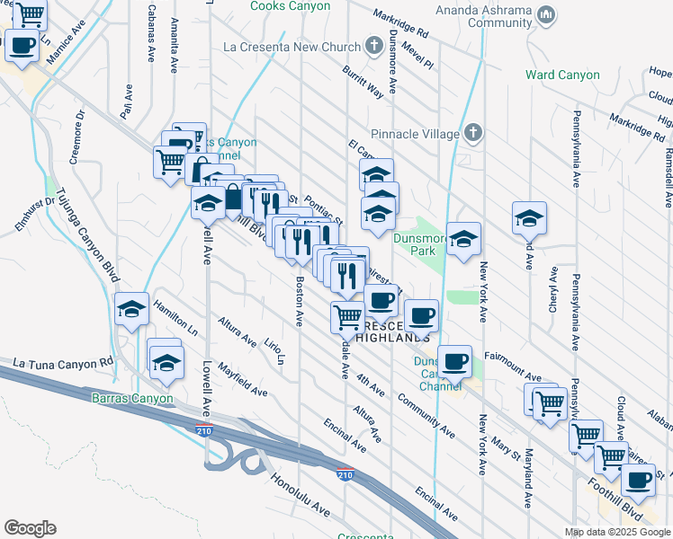 map of restaurants, bars, coffee shops, grocery stores, and more near 3708 Danny Street in Glendale